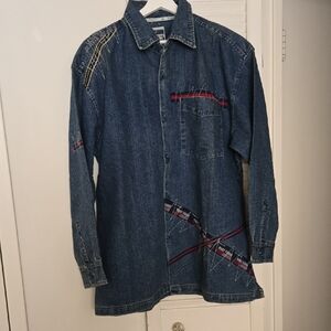 Vintage Phat Farm Oversized Blue Denim Button-Up Jacket Shirt Red Stitching